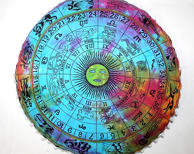 CRAFT KALA 32" Round Large Round Bohemian Floor Pillow Pouf Cover Mandala Meditation Room Pillow Cover for Adults Boho Seating Poufs Cushion Cover for Kids Playroom Multi Zodiac - Bloomnest