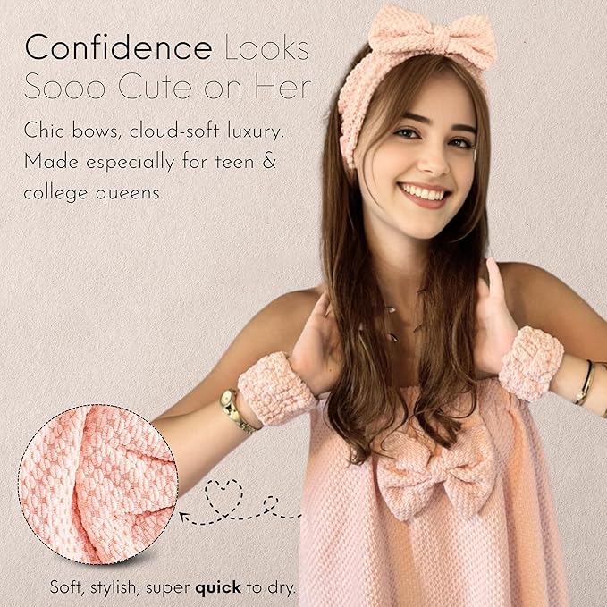 Happy Lolli Power Shower Gift Set – College Essential Bath Accessories for Women and Teen Girls – Includes Body Towel, Hair Towel, Wrist Bands, Headband, Face Sponge and More (Fresh in Pink)