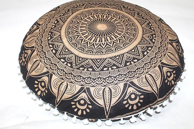 CRAFT KALA Large Round Bohemian Floor Pillow Pouf Cover Mandala Meditation Room Pillow Cover for Adults Boho Seating Poufs Cushion Cover for Kids Playroom Black Golden 32" Round - Bloomnest