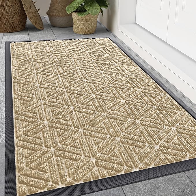 Smiry Front Door Mat Outside Entrance, Heavy Duty Sturdy Natural Rubber Doormat, Trap Dirt and Moisture, Easy Clean Low Profile Mats for Indoor Outdoor Entry, Grid Geometric (47x32, Beige) - Bloomnest