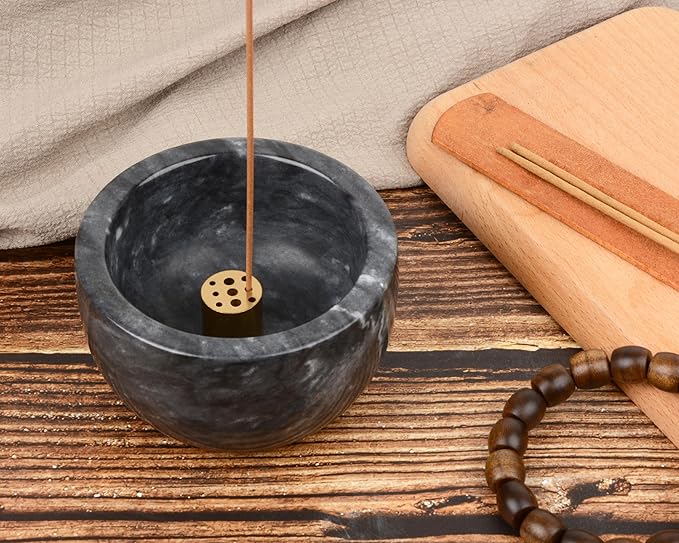 Natural Marble Incense Holder with Brass 9 Holes Incense Stick Holder, Incense Burner ash Catcher, for Meditation Incense Burning, Easily Grab Incense Ash (Black), XL-01 - Bloomnest