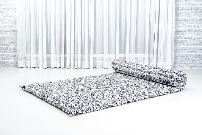 Leewadee - Kapok Roll Mat – Handcrafted Folding Sleep & Relaxation Mattress from Thailand, Ideal as Guest Bed, Camping Mat, Yoga Mat or Traditional Futon, 75 x 39 inches, Blue White - Bloomnest
