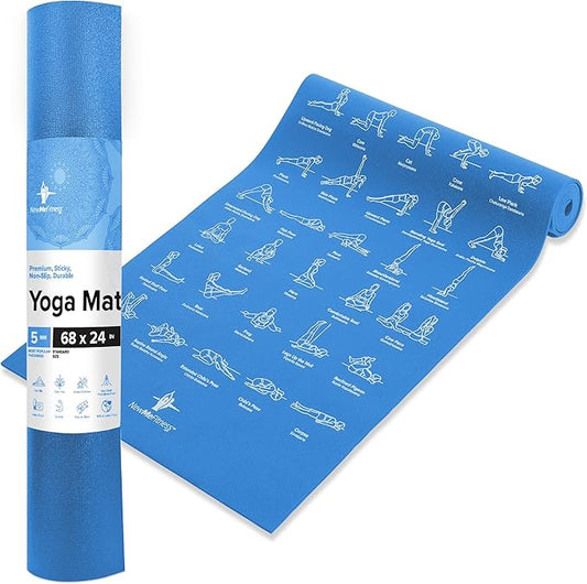 NewMe Fitness Yoga Mat for Women and Men - Large, 5mm Thick, 68 Inch Long, Non Slip Exercise Mats w/ 70 Printed Yoga Poses for Pilates, Workout and Stretching - Home and Gym Essentials