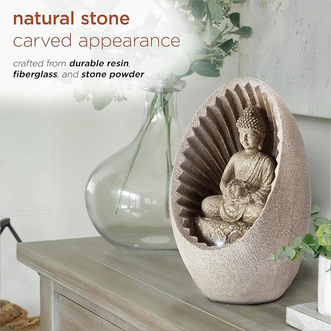 Alpine Corporation WIN322 Indoor/Outdoor Tabletop Buddha Fountain with LED Lights, Soothing Buddha Garden Fountain 11", Beige - Bloomnest