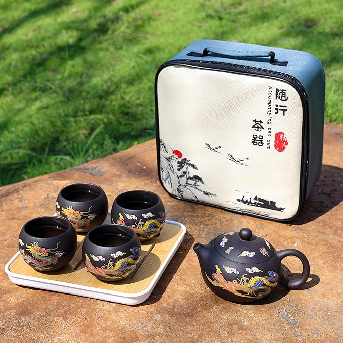 Hand-made Dragon and Phoenix Color-changing Purple Clay Teapot – Chinese Kung Fu Tea Set, Tea Lover’s Gift, Large Capacity (Travel Bag Set) - Bloomnest