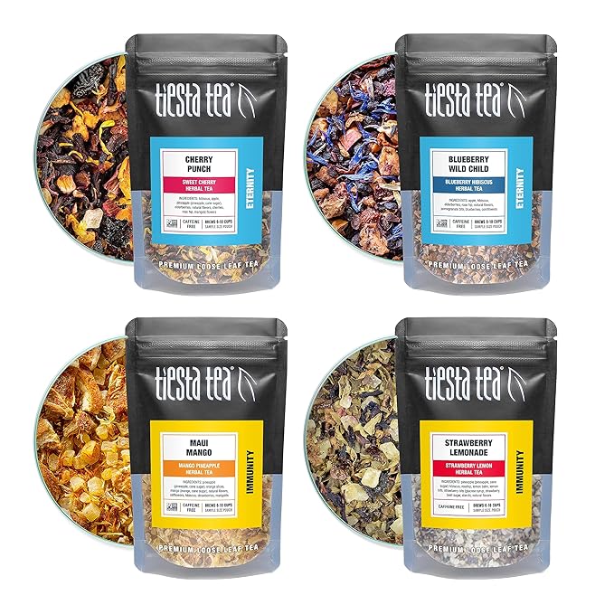 Tiesta Tea - Fruity Tea Sampler Dry Flight Set, Loose Leaf, No Caffeine, Makes Hot and Iced, Assorted Fruit Brews with Mango, Peach, Orange Drinks & More, 8 Resealable Sample Pouches - Bloomnest