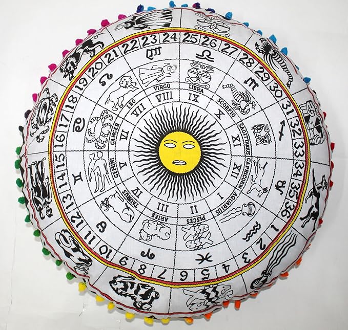 CRAFT KALA Large Round Bohemian Floor Pillow Pouf Cover Mandala Meditation Room Pillow Cover for Adults Boho Seating Poufs Cushion Cover for Kids Playroom 32" Round Yellow and White Zodiac - Bloomnest