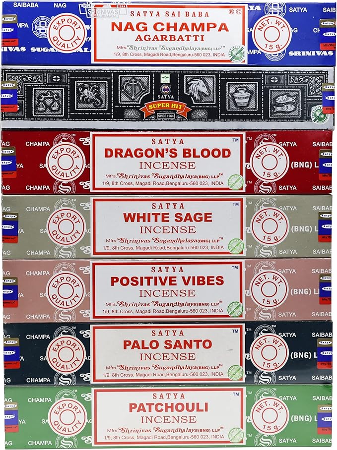 EARTH Satya Incense Sticks Set of 7 - Nag Champa, Super Hit, Dragon's Blood, White Sage, Positive Vibes, Palo Santo, Patchouli 15 GMS (Green Certified)- Hand Rolled Incense Sticks Earth