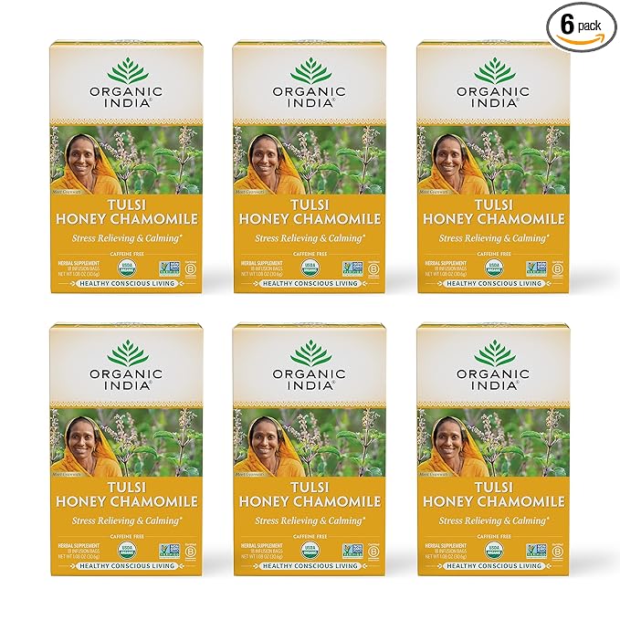 Organic India Tulsi Honey Chamomile Herbal Tea - Holy Basil, Stress Relieving & Calming, Immune Support, Adaptogen, Vegan, USDA Certified Organic, Caffeine-Free - 18 Infusion Bags, 6 Pack - Bloomnest