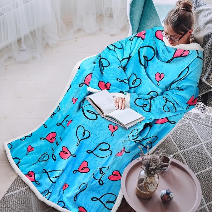 Tirrinia Sherpa Wearable Blanket With Sleeves, Full Body Throw Reading Wrap TV Blankets - Bloomnest