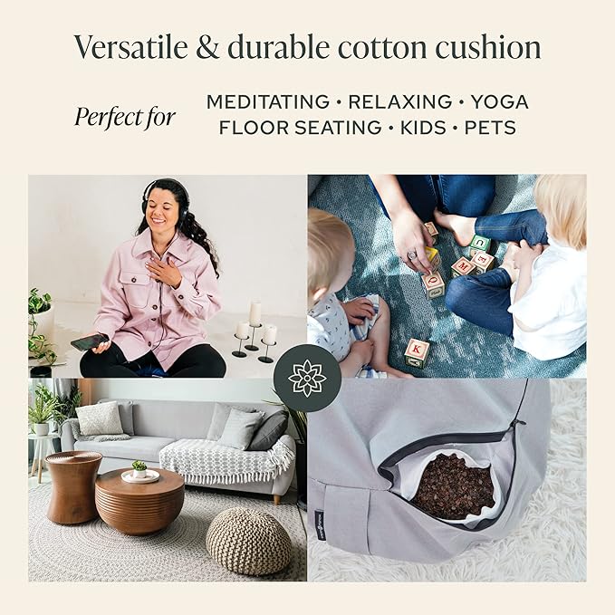 Mindful & Modern Large Meditation Cushion | Zafu Yoga Bolster Meditation Floor Pillow Seat | Buckwheat Hull Filled Crescent Shaped Cushion with Removable Washable Cover + Carry Handle - Bloomnest
