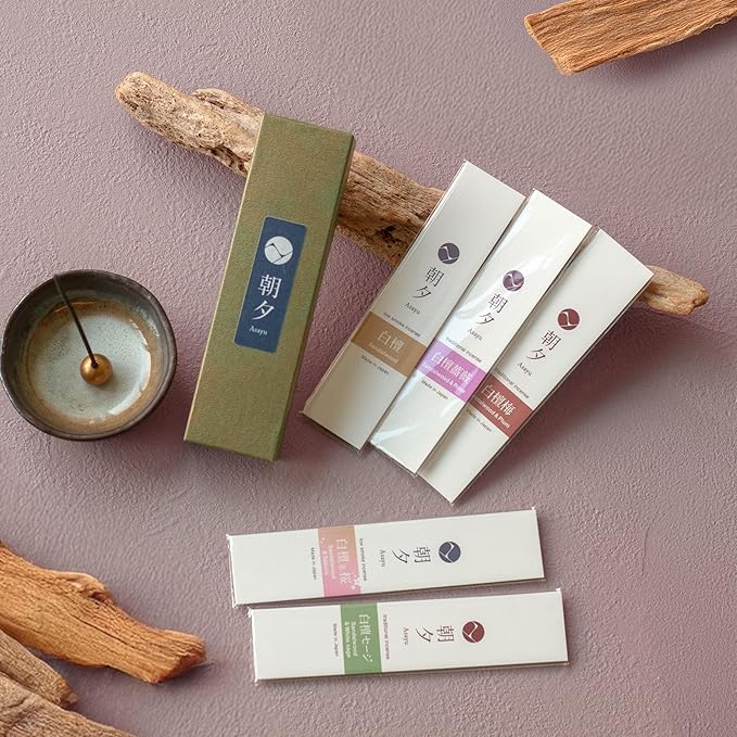 Asayu Japan Incense Gift Set - Sandalwood Scent Collection - Ceramic Holder + 5 Sandalwood Blends (20g Each) - Made in Japan - for Yoga, Meditation & Relaxation