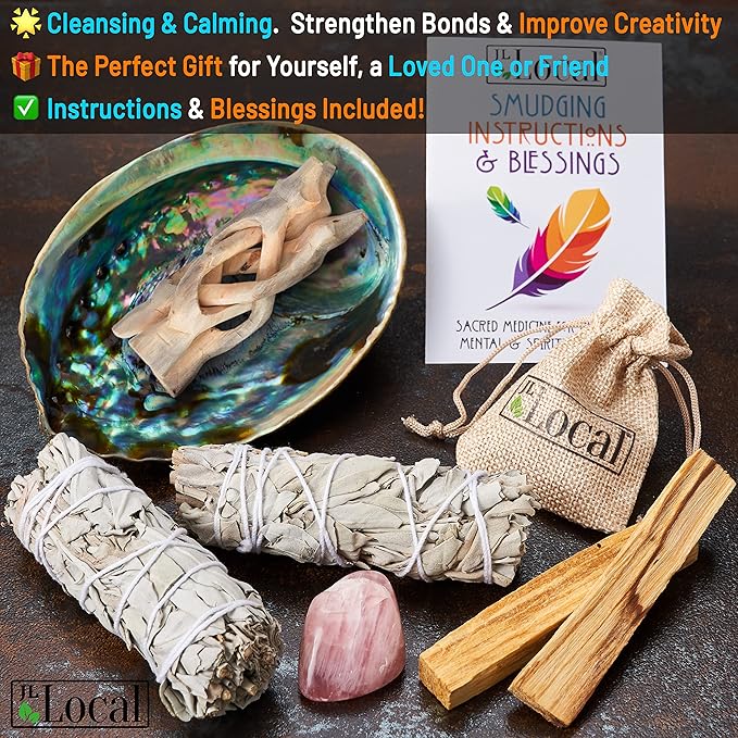 JL Local Perfect Unity Smudging Kit - 2 White Sage Smudge Sticks + 2 Palo Santo Sticks + Abalone Shell Bowl + Rose Quartz Crystal | Healing Incense for Cleansing, Blessing, Protection, Meditation JLLocal