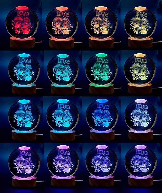 Love Crystal Ball lamp,3D 3.15 inch K9 Couple Night Light with Wooden Base,16 Colors Change with Remote Control,Sweetheart Crystal Gift for Girlfriend,Valentine's Day Christmas Gift (F) - Bloomnest