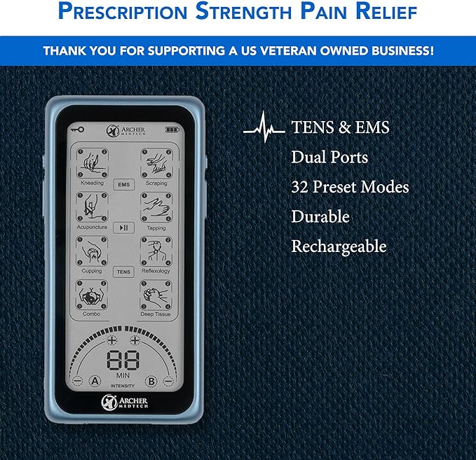 Dual Stim Touch TENS/EMS Unit – Rechargeable Touchscreen Muscle Stimulator with Dual Output Ports and 32 Massage & Stimulation Modes – Durable, Portable, Professional Quality Device