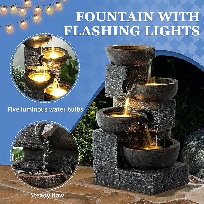 Outdoor Water Fountains with Cascading Bowls, 4-Tiers Fountains and Waterfalls w/LED Lights,Indoor Morden Floor Standing Resin Water Feature for Garden Patio Backyard Home Decor (Grey & Brown) - Bloomnest