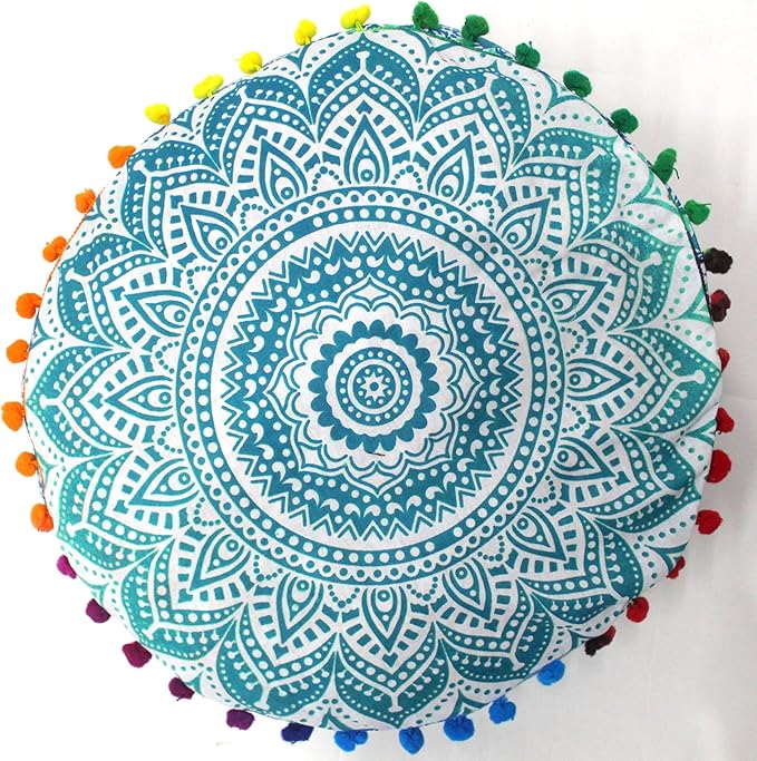 INDIAN CRAFT CASTLE ICC Mandala Barmeri Large Floor Pillow Cover Cushion Meditation Seating Ottoman Throw Cover Hippie Decorative Zipped Bohemian Pouf Ottoman Cases Green Ombre 24" Round - Bloomnest