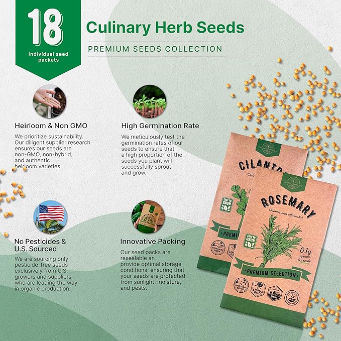 Organo Republic 18 Culinary Herbs Seeds Variety Pack - 10,180+ Heirloom, Non-GMO, Herbs Seeds for Outdoor and Indoor Home Gardening, Including Rosemary, Thyme, Oregano, Mint, Basil, Parsley - Bloomnest
