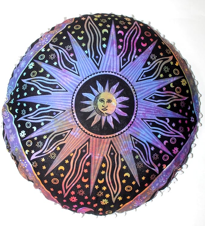 CRAFT KALA Large Round Bohemian Floor Pillow Pouf Cover Mandala Meditation Room Pillow Cover for Adults Boho Seating Poufs Cushion Cover for Kids Playroom 32" Round Multi Purple Burning Sun - Bloomnest