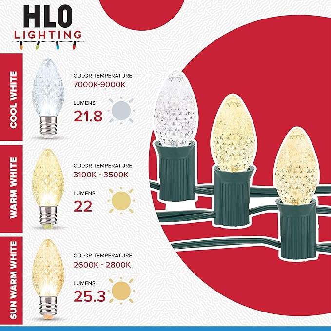 HLO Lighting Set of 25 Sun Warm White C9 Faceted LED Christmas Light Bulbs for Indoor & Outdoor Use | Durable Replacement Bulb - Bloomnest