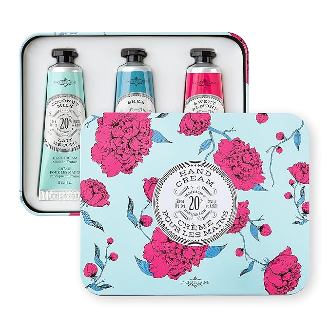 La Chatelaine 20% Shea Butter Hand Cream Travel Size Tin, Gift Set for Women, Nourishing Hand-Care Set for Holiday (Coconut Milk, Shea, Lychee Cranberry) - Bloomnest