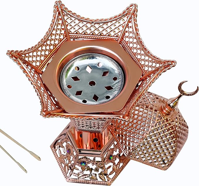 AM Bakhoor Charcoal Incense Burner - Oud Frankincense Resin Burner 10.5 Inches Tall - for Bakhoor Oud Incense Sticks Cones - Luxury Filigree (Rose Gold) - Bloomnest