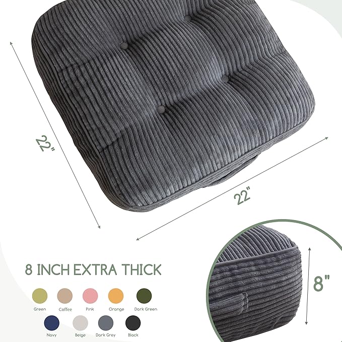 8" Washable Floor Pillow Cushion for Adults, Meditation Cushion Pillow, Large Square Floor Sitting, Removable Tufted Corduroy Cover, for Tatami Living Room or Yoga, 22x22 Inch, 2Pack, Machine Washable - Bloomnest