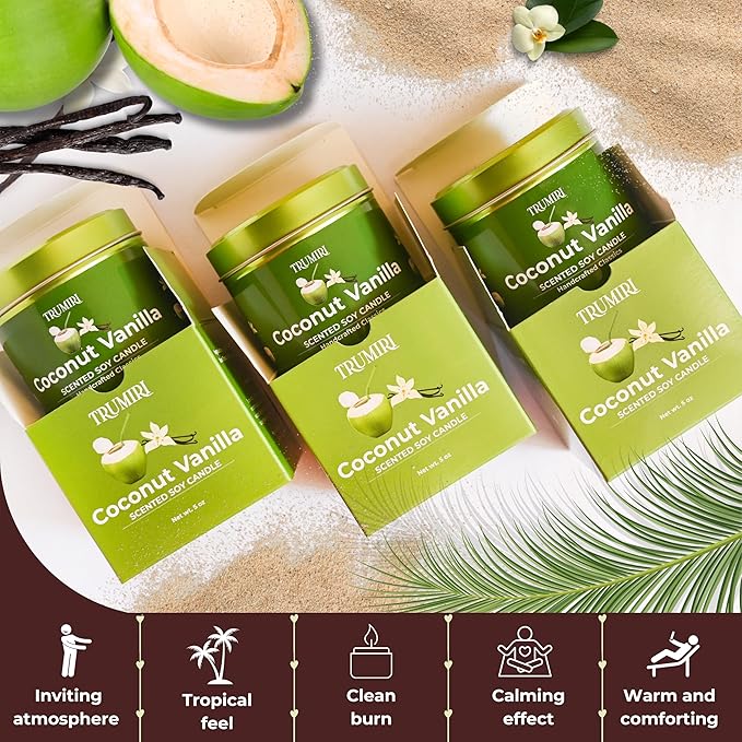 Coconut Vanilla - Aromatherapy Candles for Home Scented - Pack of 3-5oz Natural Soy Wax Clean Organic Non Toxic - Long Lasting Highly Scented with Essential Oils - Gifts for Women Relaxing Spa TRUMIRI