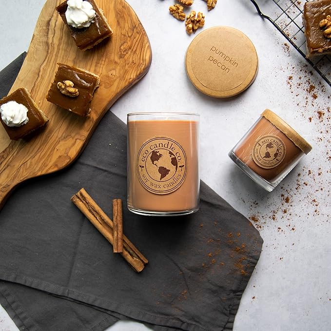 ECO CANDLE CO. Recycled Candle, Pumpkin Pecan, 18 oz. Double Wick - Scents of Pumpkin, Pecans, & Maple Syrup - 100% Soy Wax, No Lead, Kraft Paper Label & Lid, Hand Poured, Midwest Grown Soybeans - Bloomnest