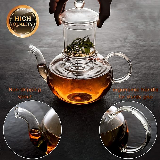 Moss & Stone Glass 27oz Tea Kettle Infuser & 4 Tea Cups Gift Set, Borosilicate Glass Teapot With Removable Glass Strainer & Teacups Of 2.7 oz, Teapot With Strainer Microwave Safe Tea Maker - Bloomnest