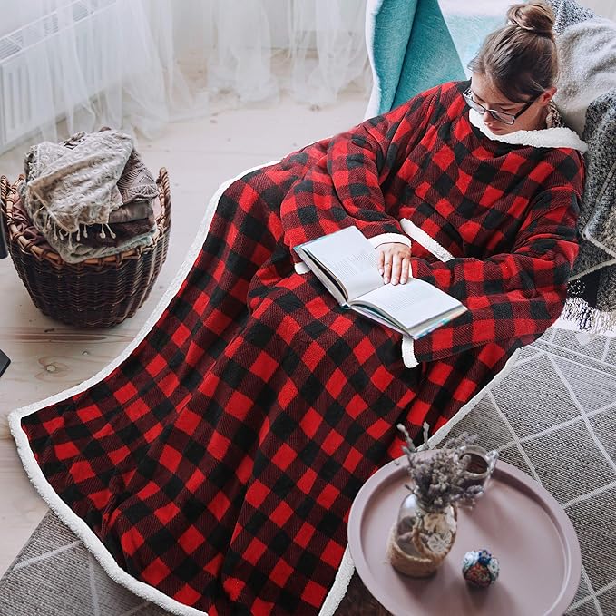 Tirrinia Sherpa Wearable Blanket With Sleeves, Full Body Throw Reading Wrap TV Blankets - Bloomnest