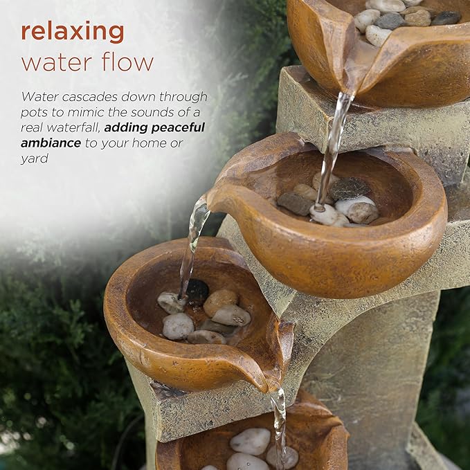 Alpine Corporation WCT726 Indoor/Outdoor Tabletop Tiered Pouring Pots Waterfall Fountain with Natural Stone Look, 16", Brown - Bloomnest