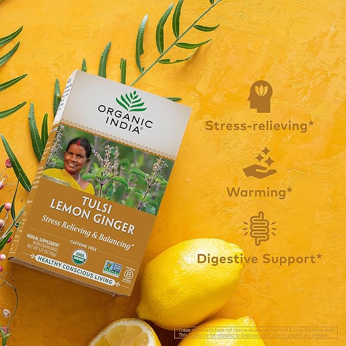 ORGANIC INDIA Tulsi Lemon Ginger Tea Bags - Herbal Tea, Stress Relieving & Reviving, Immune Support, Aids Digestion, Vegan, USDA Certified Organic, Non-GMO, Caffeine-Free - 18 Infusion Bags, 3 Pack - Bloomnest