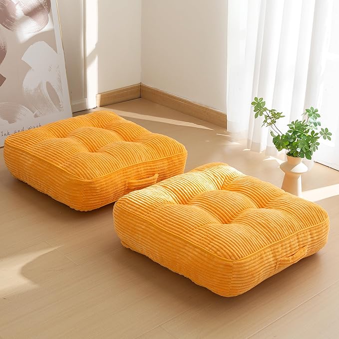 6" Washable Floor Pillow Cushion for Adults, Meditation Cushion Pillow, Large Square Floor Sitting, Removable Tufted Corduroy Cover, for Tatami Living Room or Yoga, 22x22 Inch, 2Pack, Machine Washable - Bloomnest