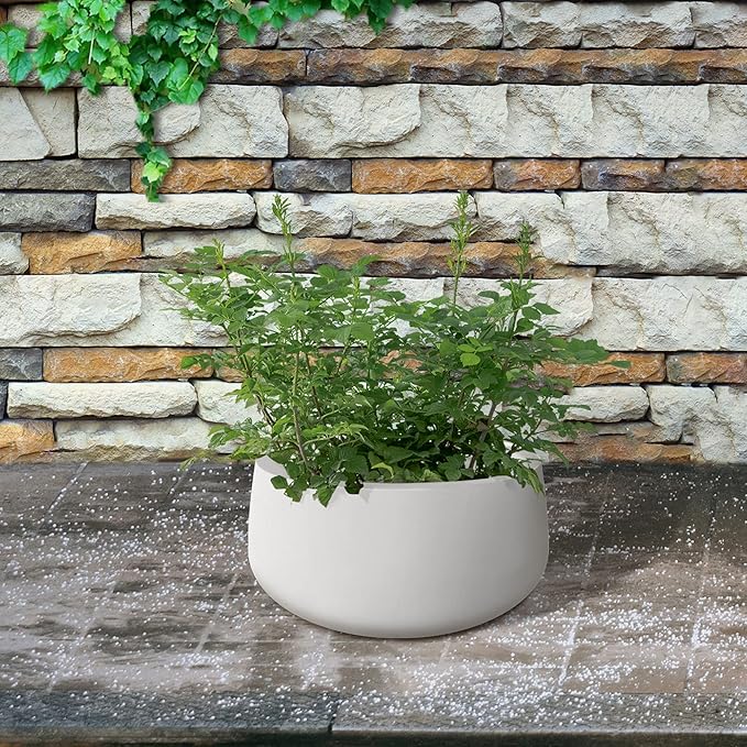 Kante 15.7" Dia Round Concrete Planter, Outdoor Indoor Garden Plant Pots with Drainage Hole and Rubber Plug, Modern Curvaceous Design, Pure White - Bloomnest