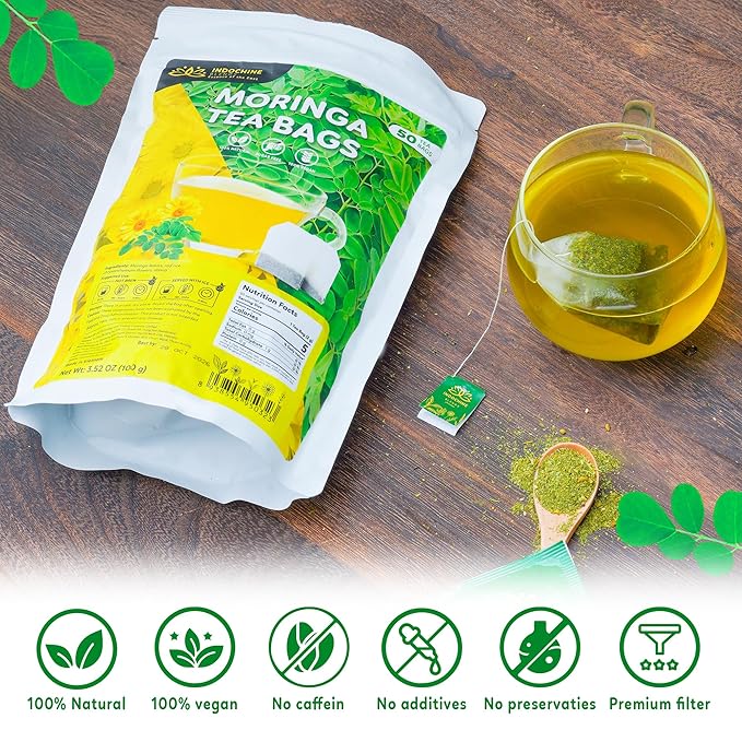 Indochine Blends Moringa Tea Bags | Moringa Leaf, Red Rice, Chrysanthemum & Stevia | Sugar-Free, Caffeine-Free Herbal Tea | Double Chamber, Individually Wrapped Bag | 3.5 oz | 50 Tea Bags - Bloomnest
