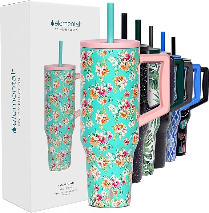Elemental 40 oz Tumbler with Handle and Straw - Spill Proof Insulated Stainless Steel Commuter for Hot and Cold Beverages - Travel Coffee Mug with 2 Straws & Spill Proof Lid - 40oz - Vintage Flower - Bloomnest