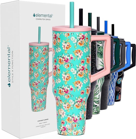 Elemental 40 oz Tumbler with Handle and Straw - Spill Proof Insulated Stainless Steel Commuter for Hot and Cold Beverages - Travel Coffee Mug with 2 Straws & Spill Proof Lid - 40oz - Vintage Flower - Bloomnest