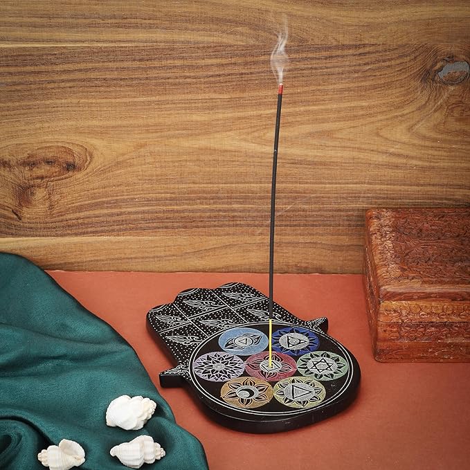 Ajuny Hamsa Hand Incense Holder for Sticks Soapstone Stick Burner and Ash Catcher Hand-Carved Spiritual Decor Meditation Yoga Desk Accessories Home & Office Decor Gift (7.5x6 Inches)
