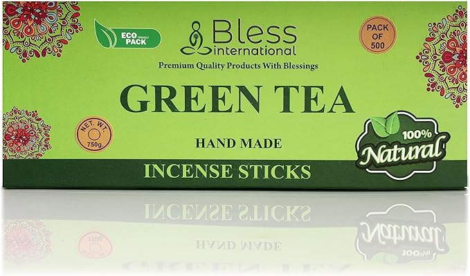 Bless-Green-Tea-Incense-Sticks 100%-Natural-Handmade-Hand-Dipped-Incense-Sticks Organic-Chemicals-Charcoal-Free Purification-Relaxation-Positivity-Yoga-Meditation Best-Woods-Scent (500 Sticks(26 OZ)) BlessInternational