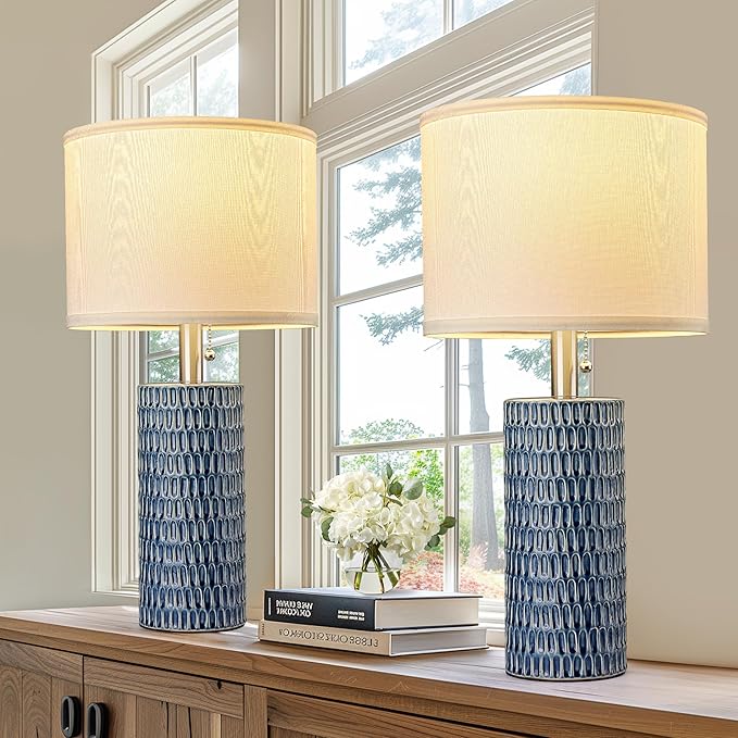 Table Lamps for Living Room Set of 2, Ceramic Table Lamps for Bedroom, 20" Modern Lamps for Night Stands, Dark Blue - Bloomnest