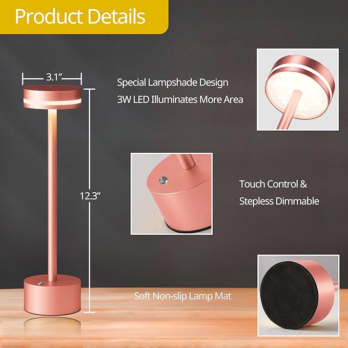 Cordless Table Lamp, Portable Rechargeable Bedside Lamp, Touch Stepless Dimmable Desk Lamp, for Home Bedroom Hotel Restaurant Bar Outdoor, 2 Set, Rose Gold - Bloomnest