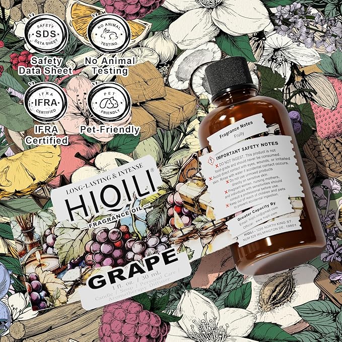 HIQILI Grape Fragrance Oil for Diffuser & Oil Burner, Fruity Scents for Making Candles, Hand Soap, Air Freshener, Long Lasting - 1 Fl Oz HIQILI