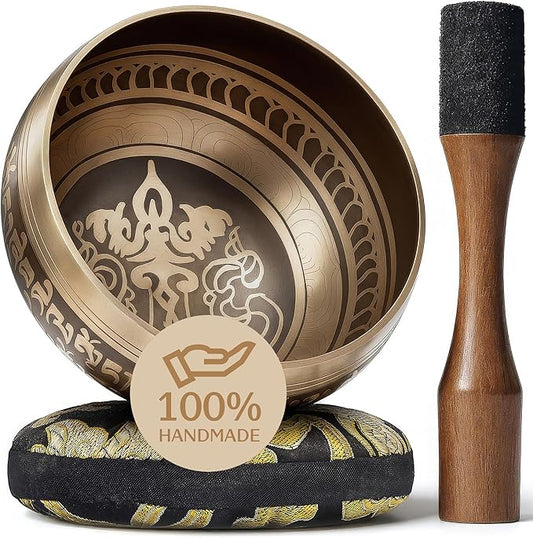 Handmade Tibetan Etched Singing Bowl Set – Sound Bowl & Meditation Bowl with Cushion, Mallet & Guide – Yoga Kit – Stress Relief Tools – Ancient Himalayan Meditation Tools