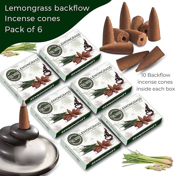 Lemongrass Backflow Incense - 60 Cones, Six Packs of 10, Waterfall Effect TRUMIRI