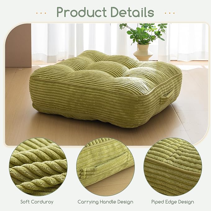 6" Washable Floor Pillow Cushion for Adults, Meditation Cushion Pillow, Large Square Floor Sitting, Removable Tufted Corduroy Cover, for Tatami Living Room or Yoga, 22x22 Inch, 2Pack, Machine Washable - Bloomnest