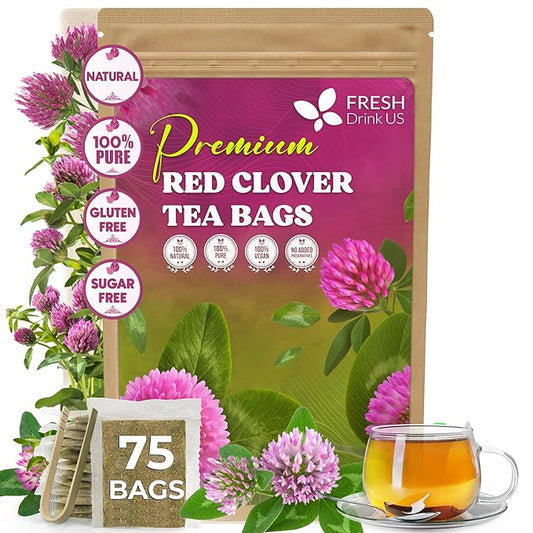 FreshDrinkUS, Premium Red Clover Herbal Tea– 75 Tea Bags – Pure – Naturally Smooth & Mild Flavor – Premium Quality, Eco-Conscious Packaging. Caffeine-Free. Gluten Free. Vegan - Bloomnest