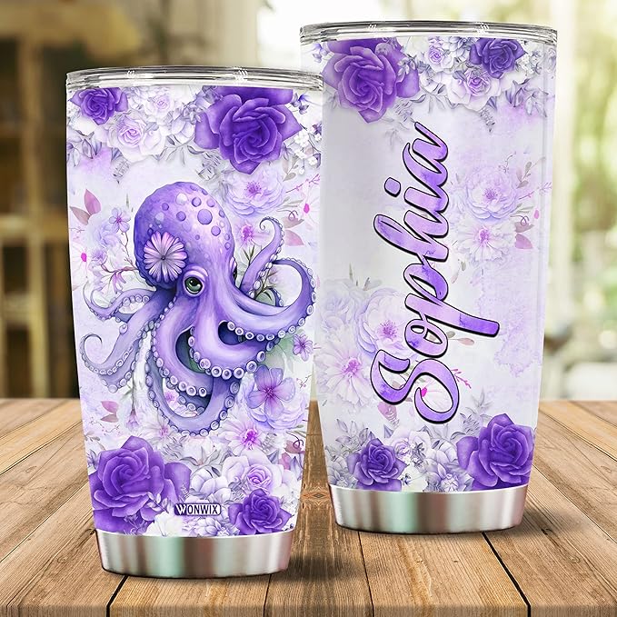 Personalized Octopus Tumbler Customized Name Water Bottle Mugs Gift For Women Fan Custom Purple Octopuses Birthday Christmas Valentine Day Insulated Stainless Steel Coffee Cup with Lid - Bloomnest