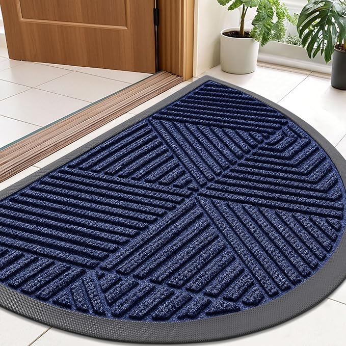 Smiry Half Circle Front Door Mat Outside Entrance, Heavy Duty Sturdy Natural Rubber Doormat, Trap Dirt and Moisture, Low Profile Mats for Indoor Outdoor Entry, Irregular Triangle (36x24, Navy Blue) - Bloomnest