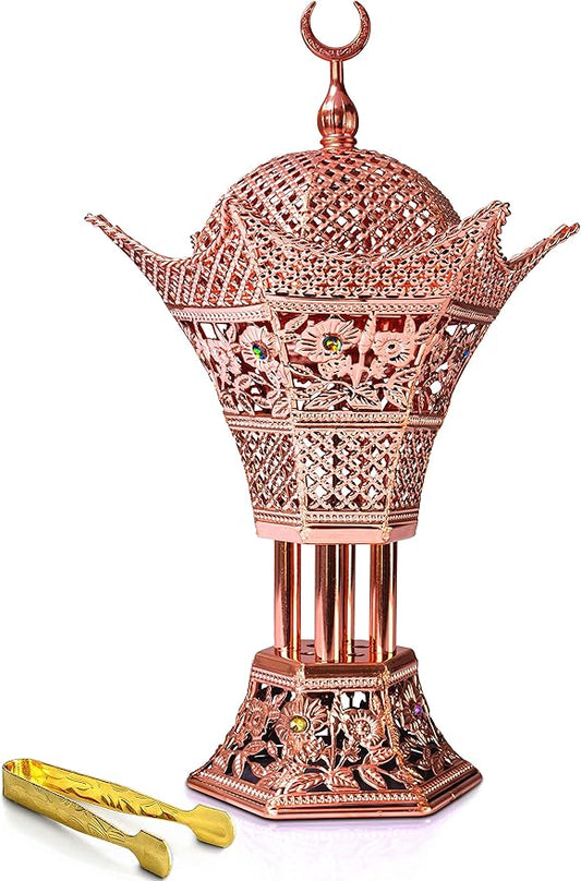 AM Bakhoor Charcoal Incense Burner - Oud Frankincense Resin Burner 10.5 Inches Tall - for Bakhoor Oud Incense Sticks Cones - Luxury Filigree (Rose Gold) - Bloomnest